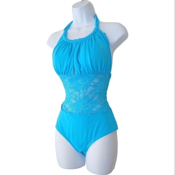 La Vie En Rose Blue Mesh Halter One Piece Swimsuit Large - Picture 1 of 2